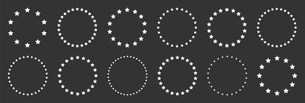 Vector estrellas blancas de varios tamaños dispuestas en un círculo borde redondo del marco estrella negra contorno símbolo simple elemento de diseño ornamento arte de línea ilustración vectorial