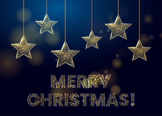 Estrellas y bolas doradas de estructura metálica, estilo low poly. Banner para el concepto de Navidad o año nuevo con un lugar para una inscripción. Ilustración de vector 3d moderno abstracto sobre fondo azul.