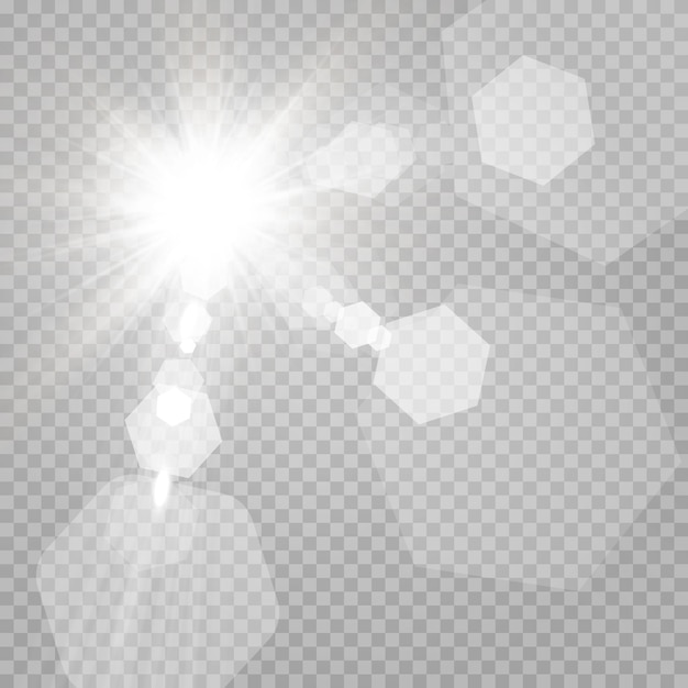 Estrellas brillantes aisladas sobre un fondo blanco transparente. Efectos, resplandor, resplandor, explosión, luz blanca, conjunto. El resplandor de las estrellas, el hermoso resplandor del sol. .