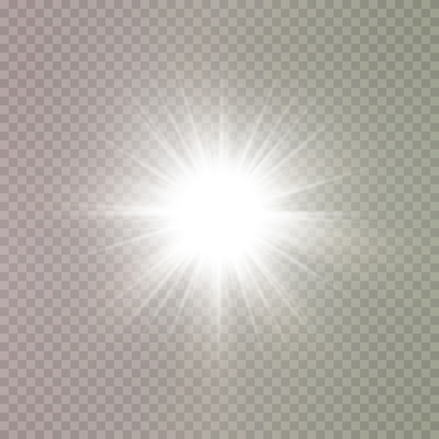 Estrellas brillantes aisladas sobre un fondo blanco transparente. Efectos, resplandor, resplandor, explosión, luz blanca, conjunto. El resplandor de las estrellas, el hermoso resplandor del sol. .