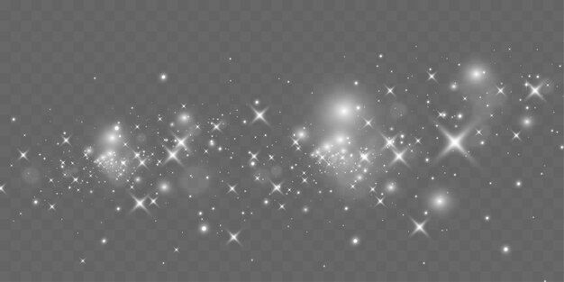 Las estrellas brillantes brillan rayas de luz y partículas brillantes en un fondo transparente