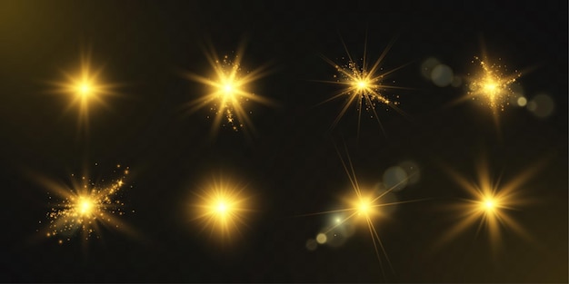 Las estrellas brillantes con llamaradas de luz y efectos brillantes en el fondo oscuro lujosas y radiantes