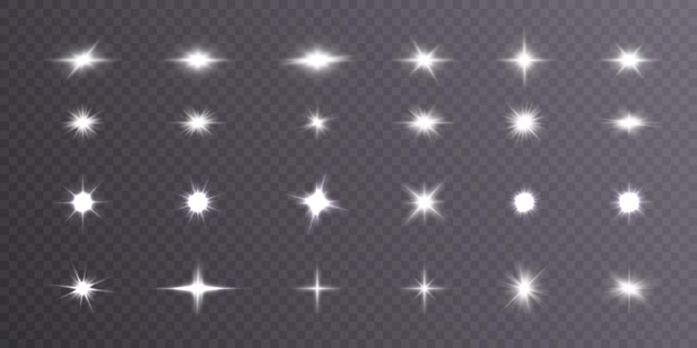 Estrellas brillantes de luz blanca sobre un fondo transparente. colección de vectores de luz borrosa.