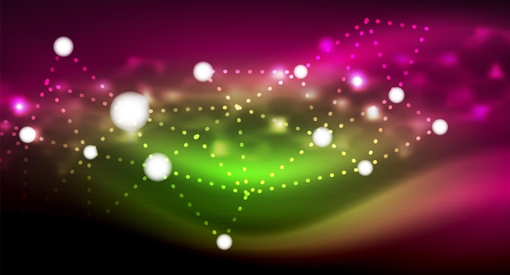 Vector estrellas brillantes de neón brillantes puntos de luz digitales conectados tecnología vectorial fondo abstracto
