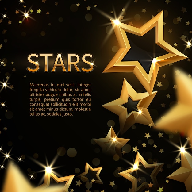 Vector estrellas brillantes del oro chispeante en fondo abstracto negro de la magia del día de fiesta. banner con oro brillante mágico estrella brillante