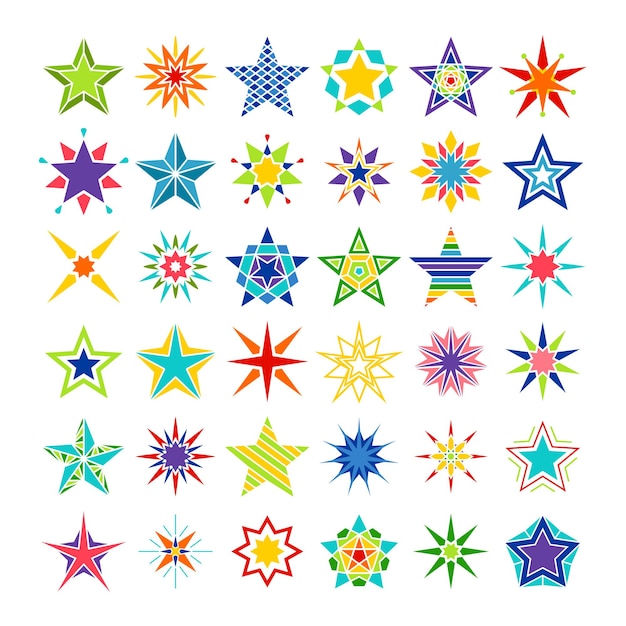 Estrellas de caleidoscopio. loco, multicolor, estrella, conjunto, aislado