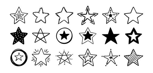 Estrellas dibujadas a mano dibujando diferentes estrellas aisladas en una ilustración vectorial de fondo blanco