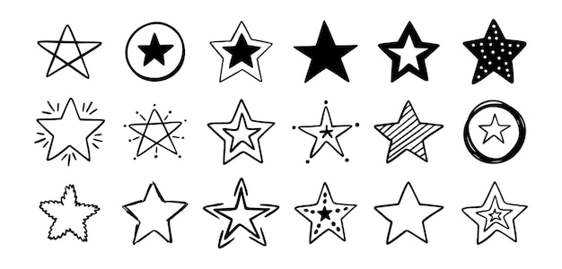 Estrellas dibujadas a mano dibujando diferentes estrellas aisladas en una ilustración vectorial de fondo blanco