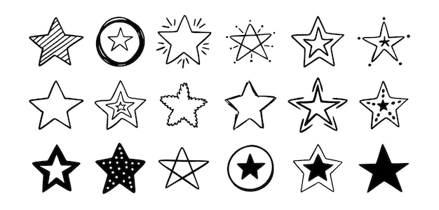 Estrellas dibujadas a mano dibujando diferentes estrellas aisladas sobre un fondo blanco