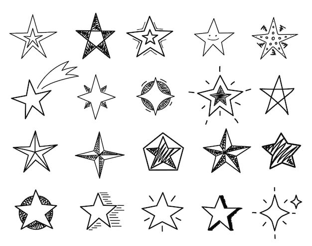 Estrellas dibujadas a mano Formas de estrellas de boceto Signos de garabatos de estallido estelar negro para la invitación de la fiesta de navidad Conjunto de vectores aislados de textura festiva Dibujo de estrellas dibujadas a mano ilustración de asterisco de garabatos