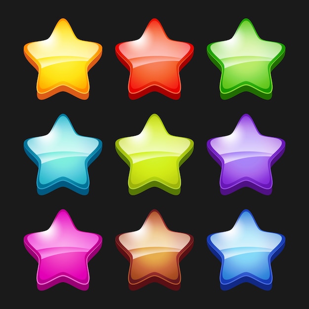 Estrellas de dibujos animados de colores. símbolos de estado de iconos de  cristal de juegos brillantes de elementos de interfaz gráfica de usuario  para juegos móviles | Vector Premium