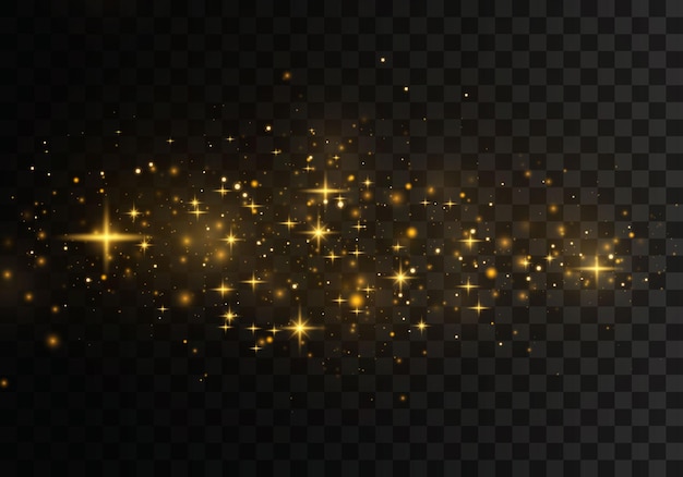 Las estrellas doradas brillan con una luz especial. partículas de polvo mágicas brillantes.