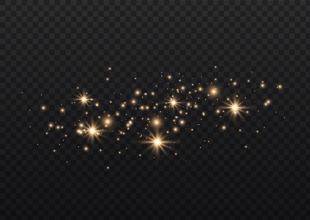 Las estrellas doradas brillan con una luz especial. partículas de polvo mágicas brillantes.