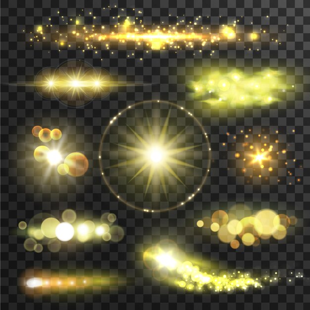 Estrellas doradas brillantes con efecto de destello de lente