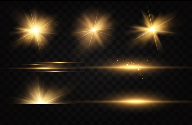 Estrellas doradas brillantes Efectos de luz deslumbramiento brillo explosión luz dorada Ilustración vectorial