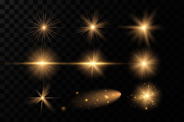 Estrellas doradas brillantes Efectos de luz deslumbramiento brillo explosión luz dorada Ilustración vectorial