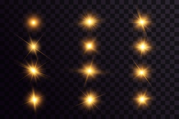 Estrellas doradas brillantes. Efectos de luz, resplandor, bokeh, brillo, explosión, luz dorada. Vector.
