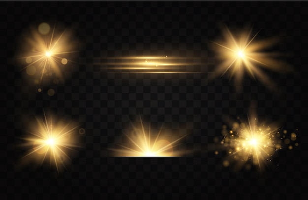 Estrellas doradas brillantes efectos de luz resplandor brillo explosión luz dorada ilustración vectorial