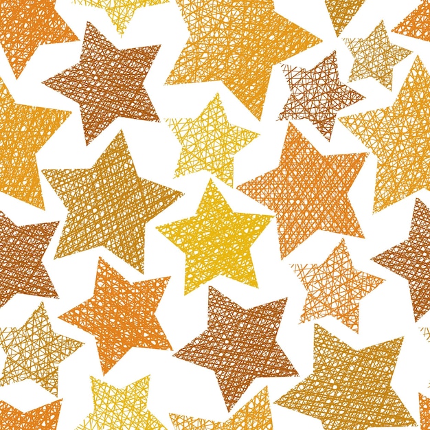 Estrellas doradas patrón sin costuras, vector que repite el fondo con líneas dibujadas a mano texturas.