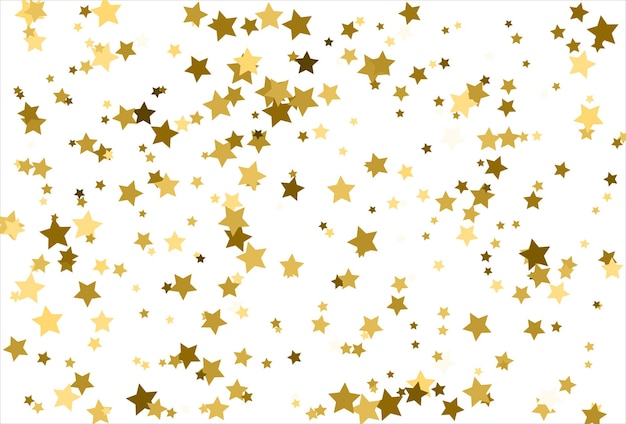 Estrellas doradas que caen al azar sobre fondo blanco Patrón de brillo para tarjeta de felicitación de banner Tarjeta de invitación de Navidad y Año Nuevo embalaje de papel postal