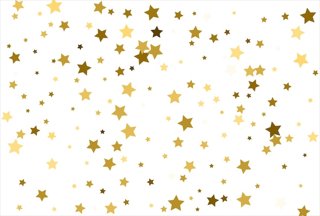 Estrellas doradas que caen al azar sobre fondo blanco Patrón de brillo para tarjeta de felicitación de banner Tarjeta de invitación de Navidad y Año Nuevo embalaje de papel postal