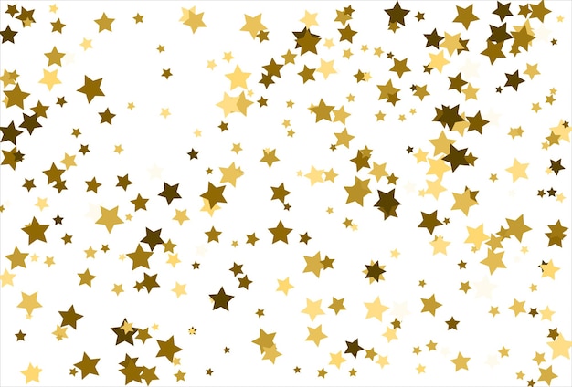 Estrellas doradas que caen al azar sobre fondo blanco Patrón de brillo para tarjeta de felicitación de banner Tarjeta de invitación de Navidad y Año Nuevo embalaje de papel postal