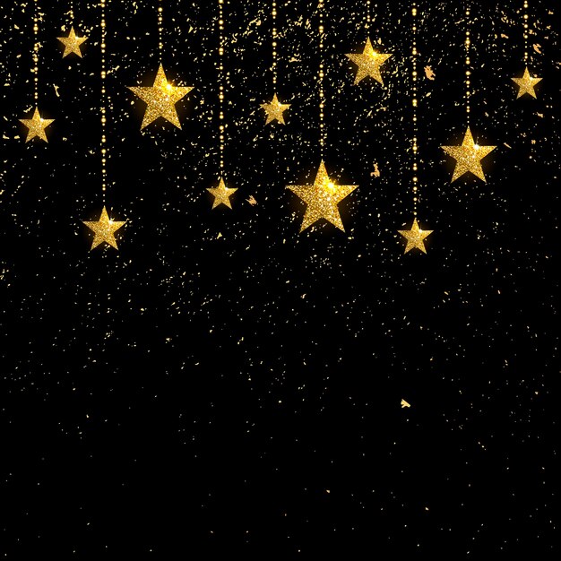 Las estrellas dorado brillantes con confeti dorado