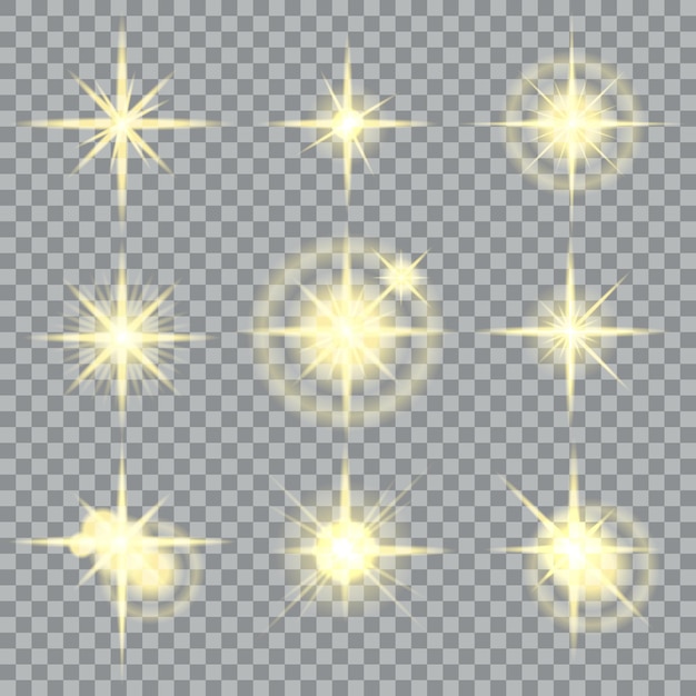 Estrellas estallan destellos amarillos y efectos de luz brillantes