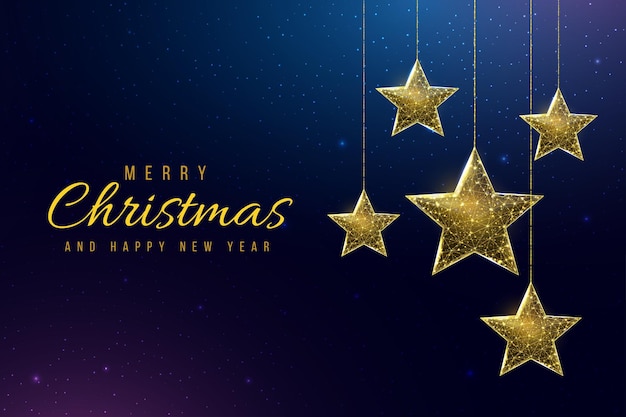 Estrellas de estructura metálica, estilo low poly. Banner para el concepto de Navidad o año nuevo. Ilustración de vector 3d moderno abstracto sobre fondo azul.