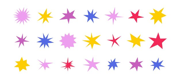 Estrellas con formas afiladas, brillantes, irregulares, chispas coloridas, destellos abstractos, brillantes y estrellas, elementos envasados, formas asimétricas.