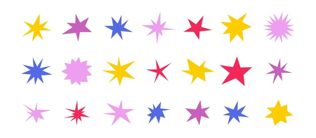 Estrellas con formas afiladas, brillantes, irregulares, chispas coloridas, destellos abstractos, brillantes y estrellas, elementos envasados, formas asimétricas.