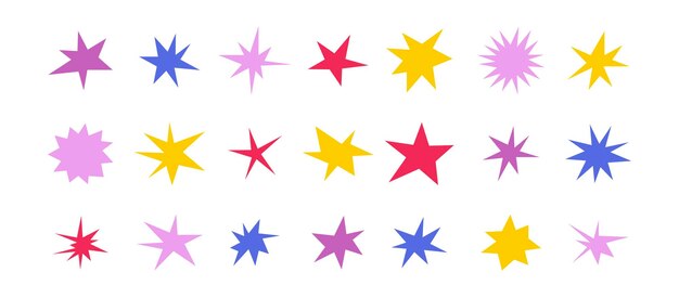 Estrellas con formas afiladas, brillantes, irregulares, chispas coloridas, destellos abstractos, brillantes y estrellas, elementos envasados, formas asimétricas.