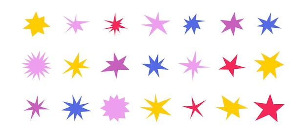 Estrellas con formas afiladas, brillantes, irregulares, chispas coloridas, destellos abstractos, brillantes y estrellas, elementos envasados, formas asimétricas.