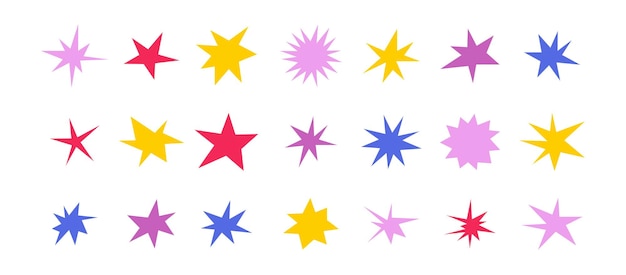 Las estrellas de formas afiladas se establecen brillantes chispas irregulares brillantes brillos coloridos abstractos brillos afilados y estrellas
