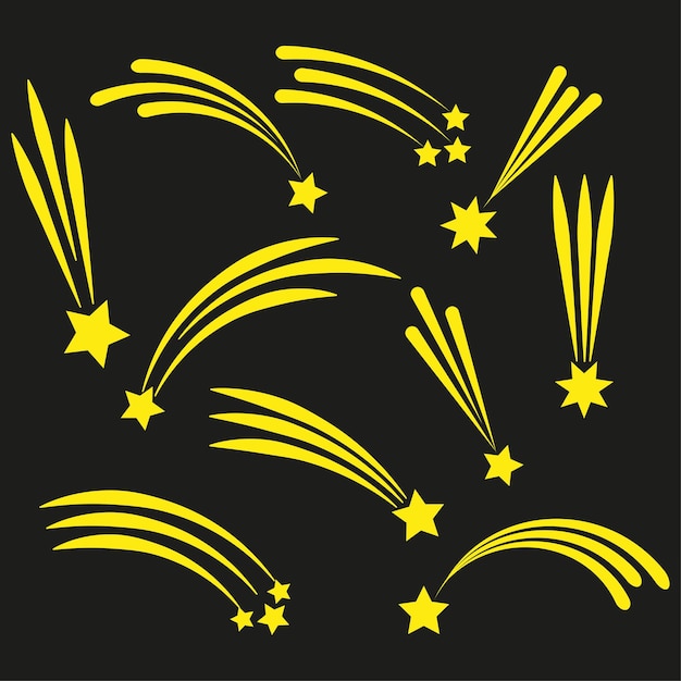 Vector estrellas fugaces amarillas retro fondo negro. ilustración vectorial
