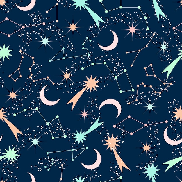 Estrellas fugaces de patrones sin fisuras la luna y las constelaciones placeres en el cielo nocturno