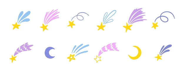 estrellas fugazas dibujo de estrellas y luna vector aislado infantil ingenuo ilustración de dibujos animados dibujada a mano