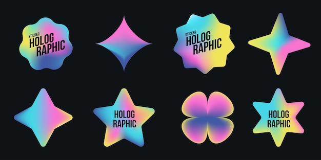 Estrellas holográficas vectoriales Etiquetas de hologramas Formas de pegatinas para maquetas de diseño