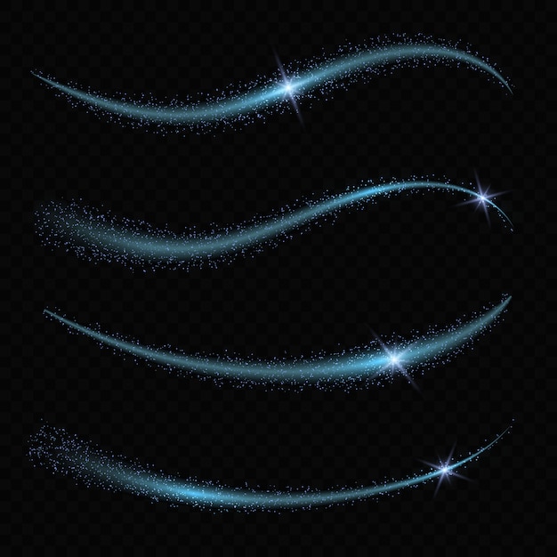 Las estrellas mágicas del efecto del resplandor ligero estallan con las chispas aisladas en fondo transparente. Traza de luz