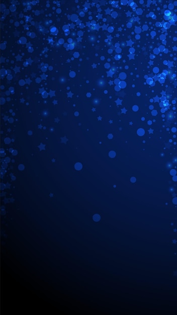 Estrellas mágicas escasa fondo de navidad. sutiles copos de nieve voladores y estrellas sobre fondo azul oscuro. seductora plantilla de superposición de copo de nieve de plata de invierno. ilustración vertical delicada.