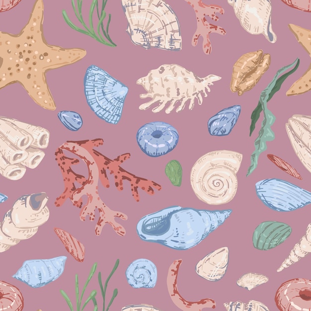 Estrellas de mar conchas piedras algas coral mar ornamento Vector abstracto patrón sin costuras de vida submarina Diseño de colores pastel de estilo moderno