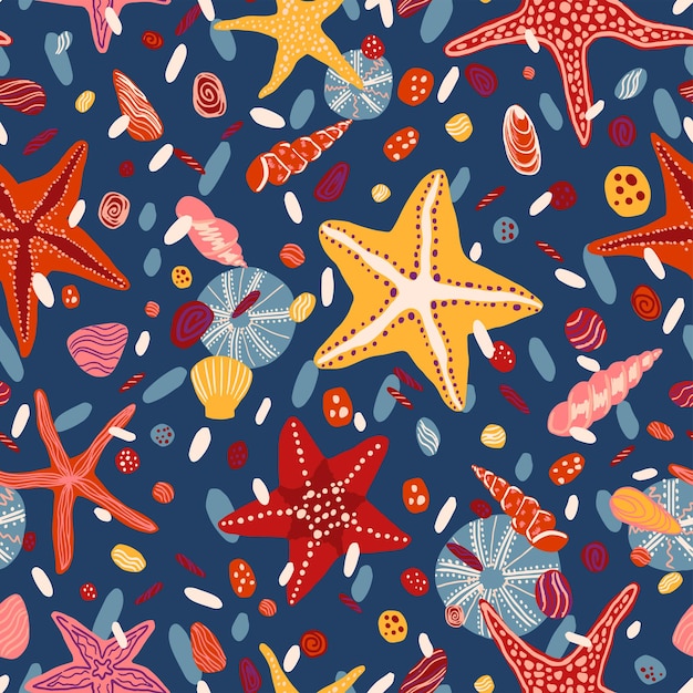 Estrellas de mar, conchas y piedras planas dibujadas a mano vector de patrones sin fisuras. papel pintado de colores en estilo escandinavo. fondo de mar de verano. diseño abstracto para impresión, envoltura, textil, tela.