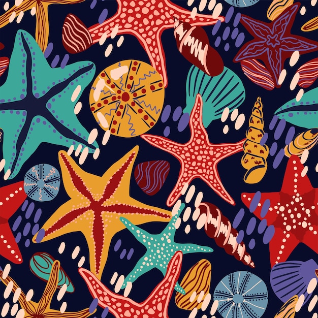 Estrellas de mar, conchas y piedras planas dibujadas a mano vector de patrones sin fisuras. Papel pintado de colores en estilo escandinavo. Fondo de mar de verano. Diseño abstracto para impresión, envoltura, textil, tela.