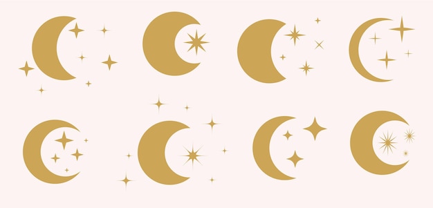 Estrellas místicas y formas de lunas símbolo de media media luna elementos gráficos conjunto de iconos de astrología