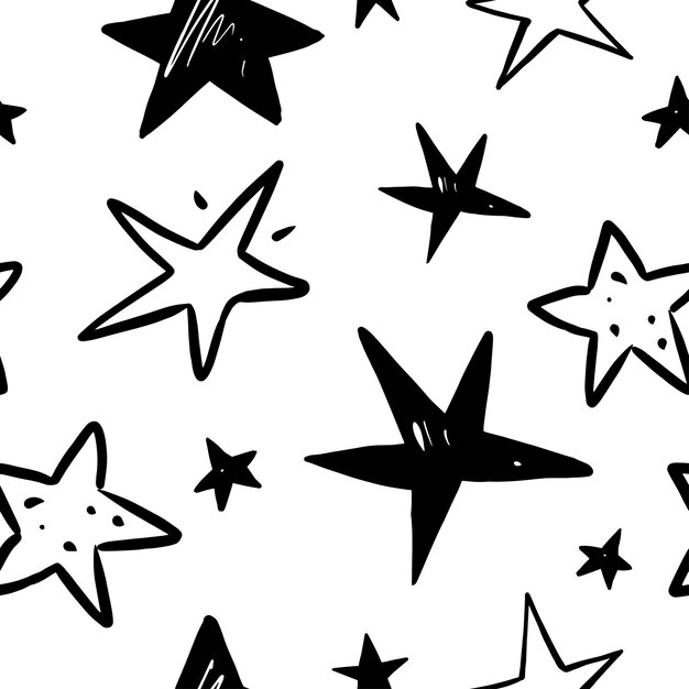 Estrellas monocromáticas dibujadas a mano con un patrón sin costuras vectorial