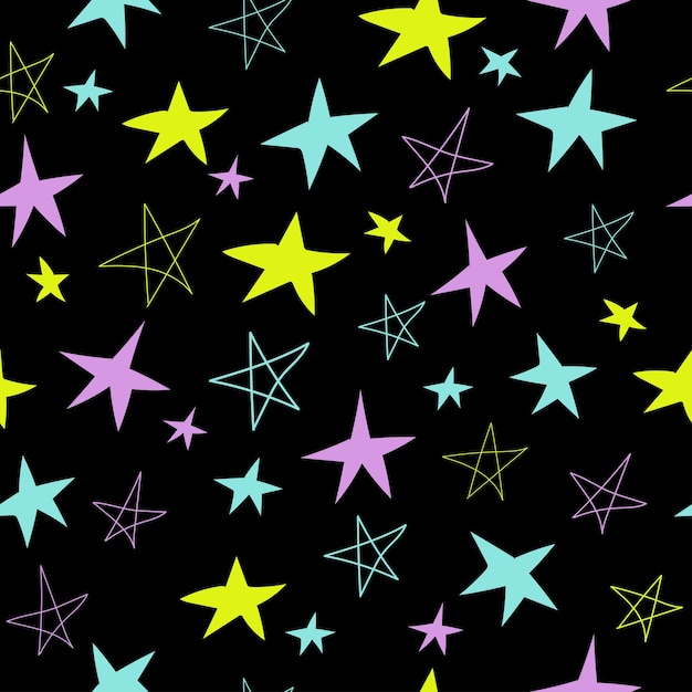 Estrellas multicolores sobre un fondo negro Patrón de vector transparente