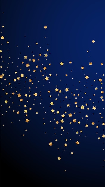 Estrellas de oro confeti brillante de lujo aleatorio. Pequeñas partículas de oro dispersas sobre fondo azul oscuro. Eminente plantilla de superposición festiva. Fondo de vector fresco.