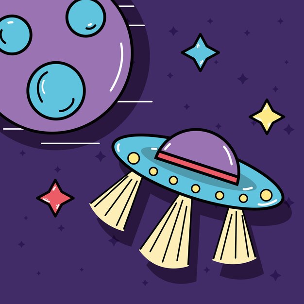 Estrellas, OVNIS y planeta en el espacio galáctico