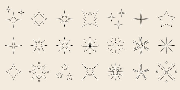 Estrellas parpadeantes chispas y chispas establecidas en estilo de contorno signo de efecto de brillo de una sola línea abstracta
