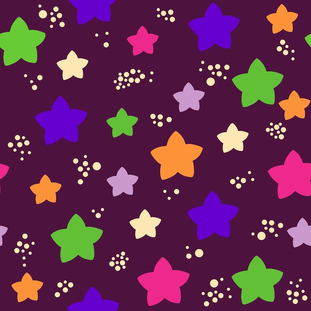 Estrellas de patrones sin fisuras en colores de payaso Fondo púrpura Arte vectorial Para niños y paquete de regalo